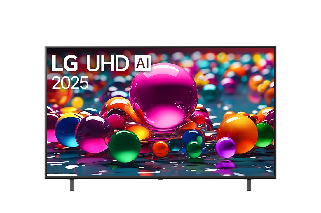 Front view of UHD UA75 TV, LG UHD Al Logo on the top corner. LG UHD TV depicts colorful paintike textures coming together.